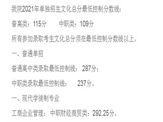 四川财经职业学院2021年单招录取分数线